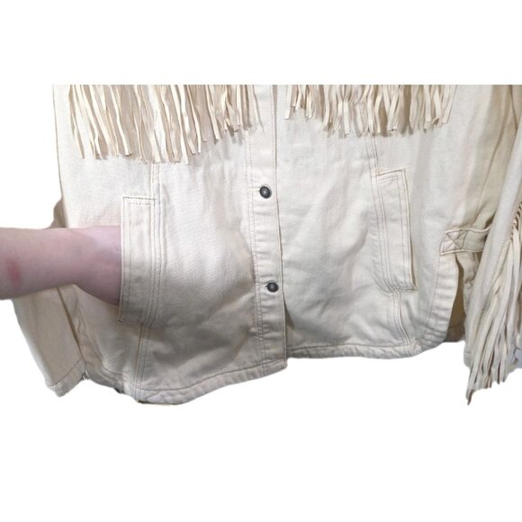 We The Free People Fringe Out Denim Jacket Ivory Western Festival Oversized Sz M - Picture 8 of 12